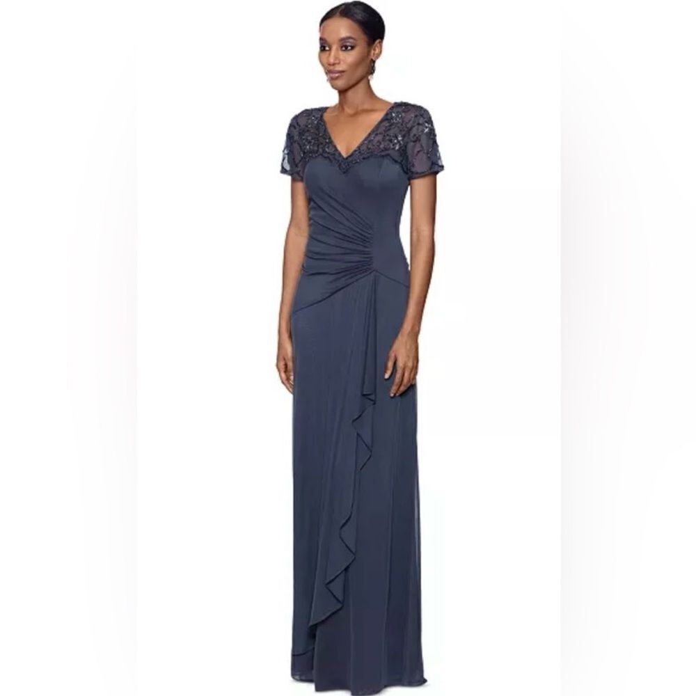 XSCAPE 5497X "CARMEN" LONG SHEER MATTE JERSEY BEADED SHORT SLEEVE NWT  $278